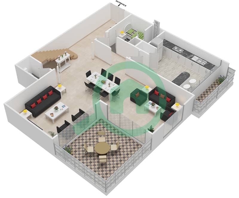 المخططات الطابقية لتصميم النموذج C شقة 3 غرف نوم - مارينا مانشنز interactive3D