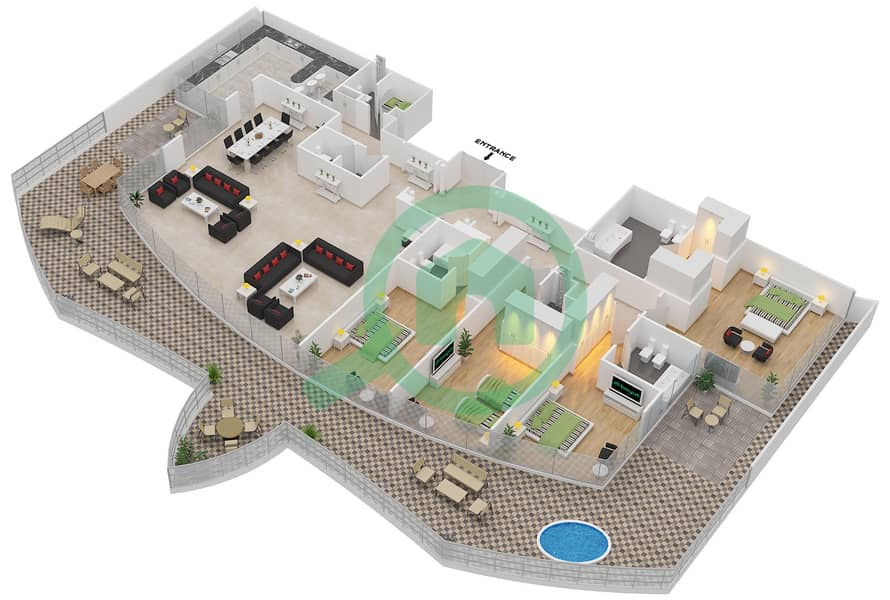 المخططات الطابقية لتصميم النموذج A بنتهاوس 4 غرف نوم - مارينا مانشنز interactive3D