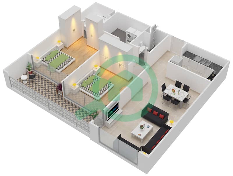 滨海公园大楼 - 2 卧室公寓类型4戶型图 interactive3D