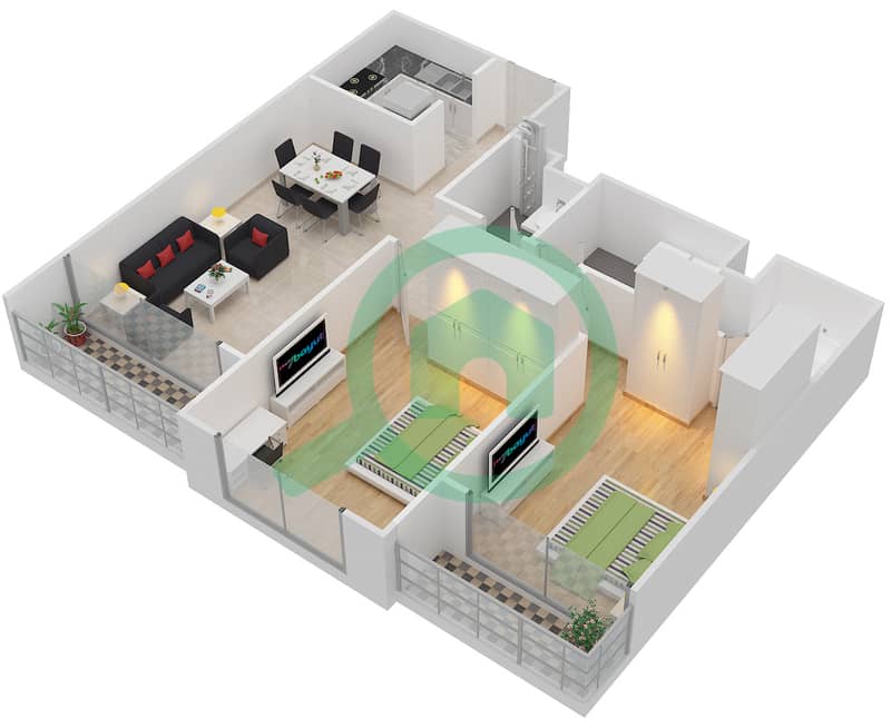 Марина Парк - Апартамент 2 Cпальни планировка Тип 7 interactive3D