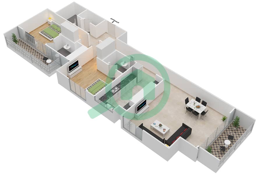 Марина Аркейд Тауэр - Апартамент 2 Cпальни планировка Единица измерения 1005 interactive3D
