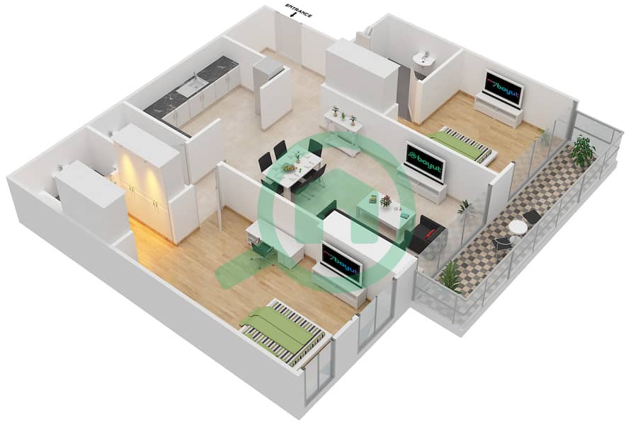 المخططات الطابقية لتصميم الوحدة 1206 شقة 2 غرفة نوم - برج مارينا أركيد interactive3D
