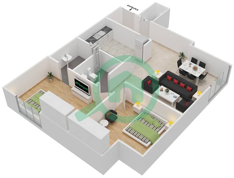 المخططات الطابقية لتصميم الوحدة 1702 شقة 2 غرفة نوم - برج مارينا أركيد interactive3D