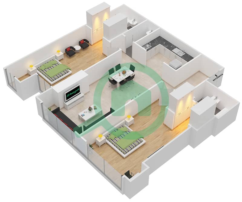 المخططات الطابقية لتصميم الوحدة 1806 شقة 2 غرفة نوم - برج مارينا أركيد interactive3D
