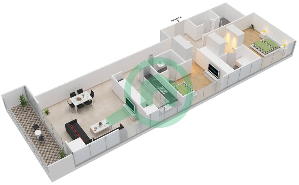 المخططات الطابقية لتصميم الوحدة 3002 شقة 2 غرفة نوم - برج مارينا أركيد interactive3D