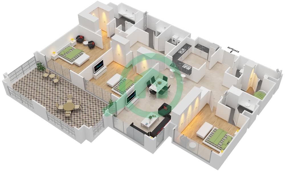 Marina Residence B - 3 Bedroom Apartment Unit A Floor plan interactive3D