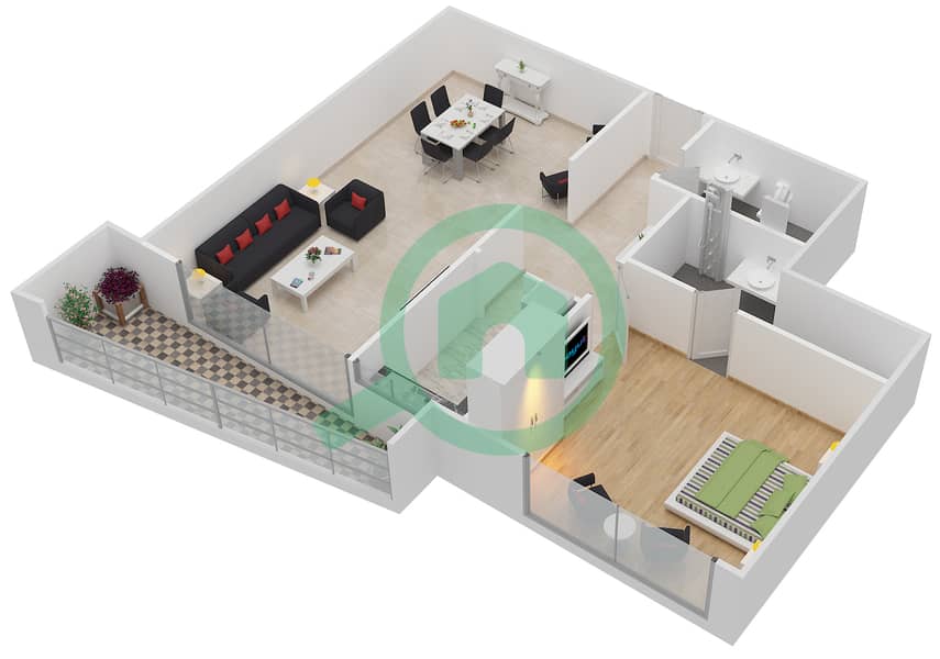 滨海珍珠住宅楼 - 1 卧室公寓类型1戶型图 interactive3D