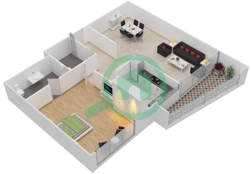 Марина Перл - Апартамент 1 Спальня планировка Тип 4 interactive3D