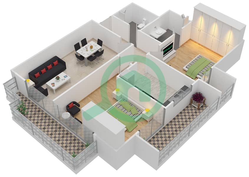 المخططات الطابقية لتصميم النموذج 8 شقة 2 غرفة نوم - لؤلؤة المارينا interactive3D
