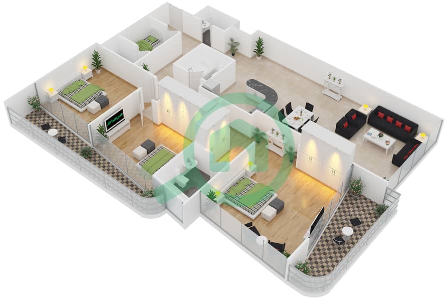 Марина Вью Тауэр Б - Апартамент 3 Cпальни планировка Тип EO1 interactive3D