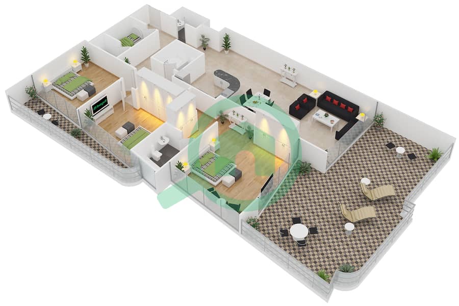 Марина Вью Тауэр Б - Апартамент 3 Cпальни планировка Тип EO2 interactive3D