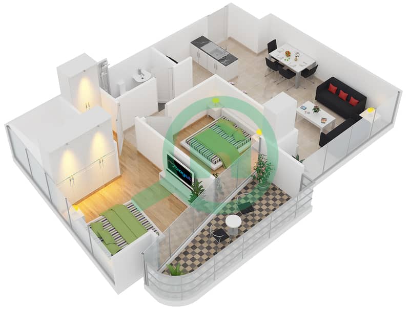 滨海景观大厦B座 - 2 卧室公寓类型DO1戶型图 interactive3D