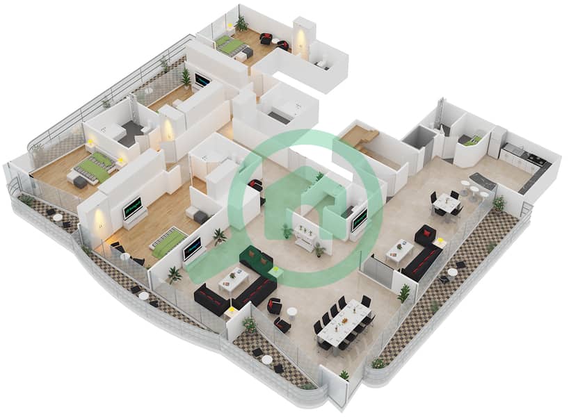 المخططات الطابقية لتصميم النموذج PO1 بنتهاوس 4 غرف نوم - برج مارينا فيو B interactive3D