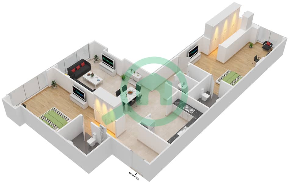 المخططات الطابقية لتصميم الوحدة 3204 شقة 2 غرفة نوم - برج مارينا أركيد interactive3D