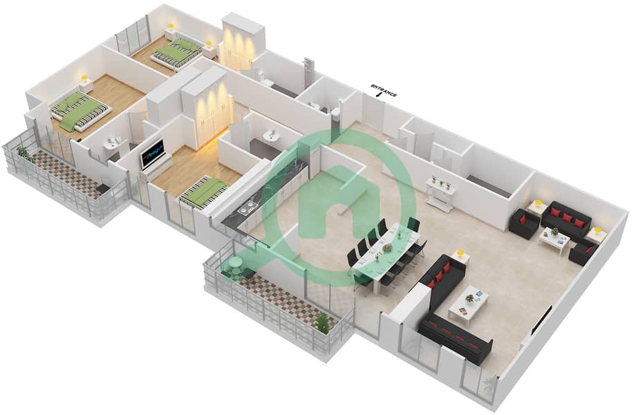 المخططات الطابقية لتصميم الوحدة 3301 شقة 3 غرف نوم - برج مارينا أركيد interactive3D