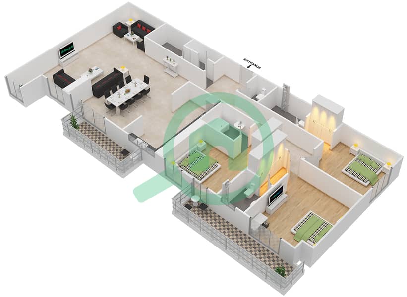 المخططات الطابقية لتصميم الوحدة 3504 شقة 3 غرف نوم - برج مارينا أركيد interactive3D