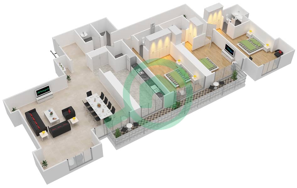 Марина Аркейд Тауэр - Апартамент 3 Cпальни планировка Единица измерения 3805 interactive3D