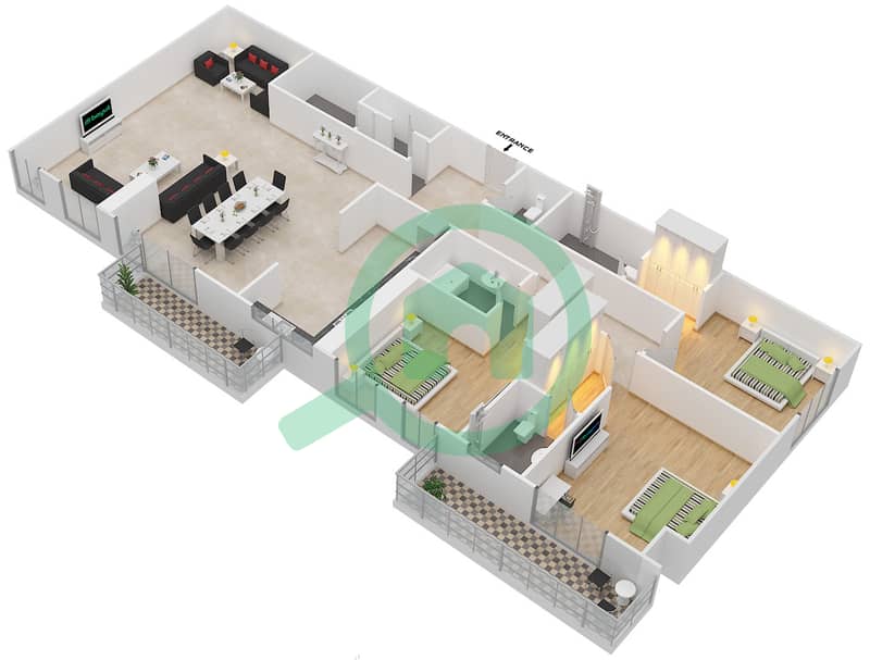 Marina Arcade Tower - 3 Bedroom Apartment Unit 3904 FLOOR 39 Floor plan interactive3D