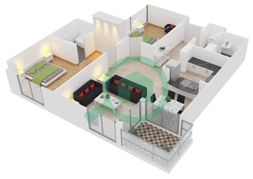 阿尔梅克大厦 - 2 卧室公寓类型2戶型图 interactive3D
