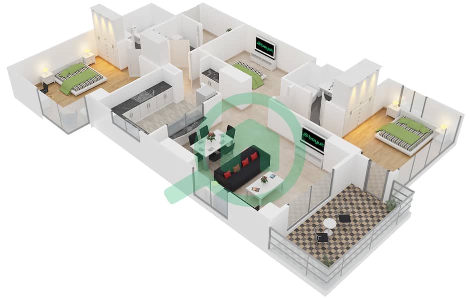 阿尔梅克大厦 - 3 卧室公寓类型1戶型图 interactive3D