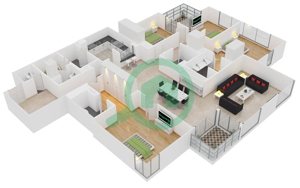 المخططات الطابقية لتصميم النموذج 4 شقة 4 غرف نوم - برج المسك interactive3D