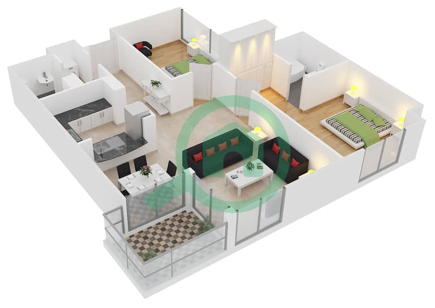 Тауэр Аль Меск - Апартамент 2 Cпальни планировка Тип 5 interactive3D