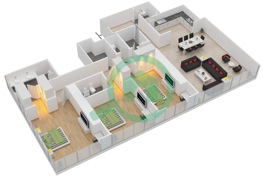 المخططات الطابقية لتصميم الوحدة 1607 شقة 3 غرف نوم - برج مارينا أركيد interactive3D