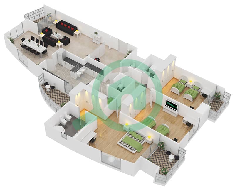 المخططات الطابقية لتصميم النموذج D6 شقة 3 غرف نوم - مارينا سيل interactive3D