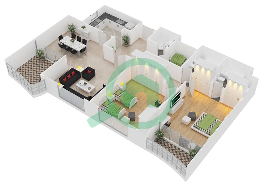 المخططات الطابقية لتصميم النموذج C4 شقة 2 غرفة نوم - مارينا سيل interactive3D