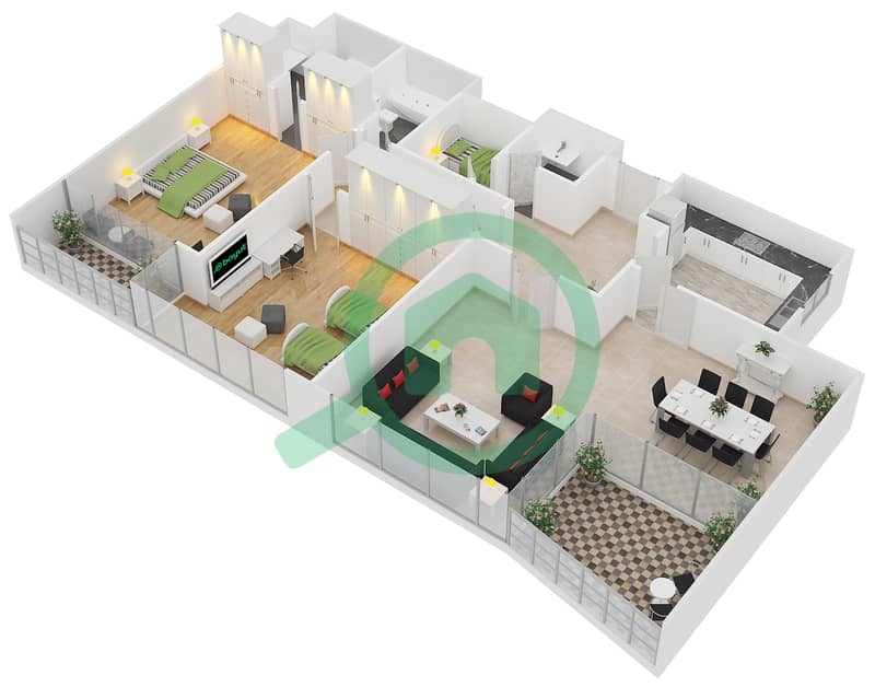 المخططات الطابقية لتصميم النموذج B4 شقة 2 غرفة نوم - مارينا سيل interactive3D