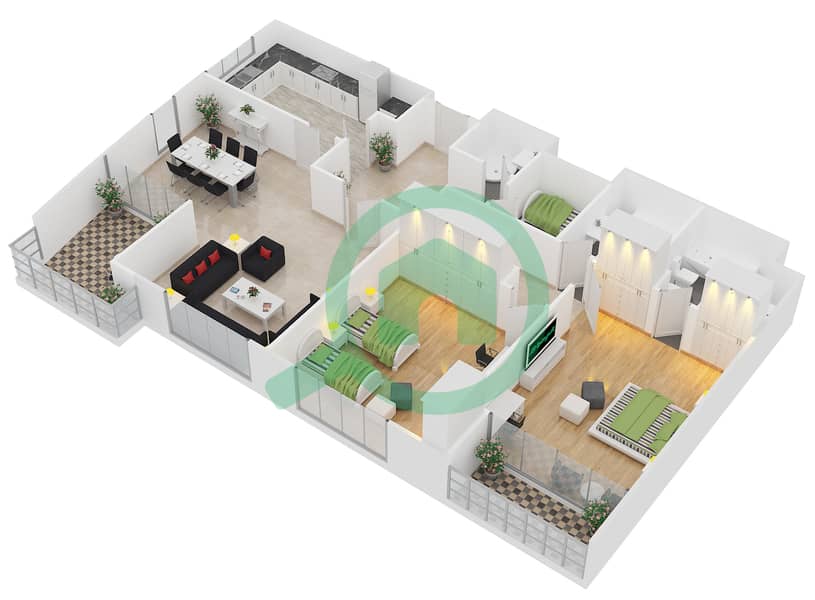 المخططات الطابقية لتصميم النموذج A4 شقة 2 غرفة نوم - مارينا سيل interactive3D
