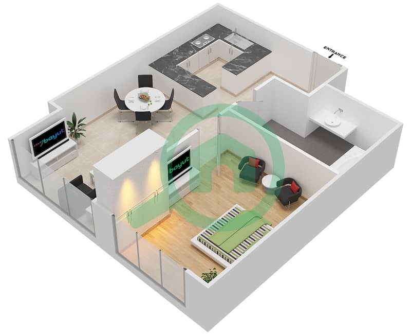 المخططات الطابقية لتصميم الوحدة 5 FLOOR 33 شقة 1 غرفة نوم - برجي interactive3D