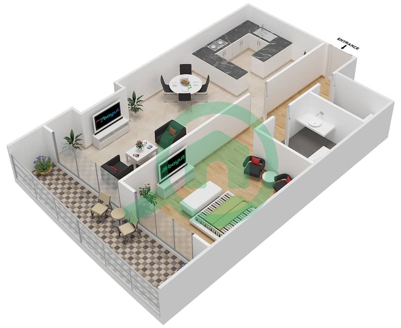 المخططات الطابقية لتصميم الوحدة 5 FLOOR 19-31 شقة 1 غرفة نوم - برجي interactive3D