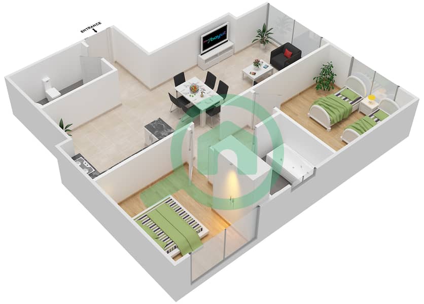 المخططات الطابقية لتصميم الوحدة 3 FLOOR 33 شقة 2 غرفة نوم - برجي interactive3D
