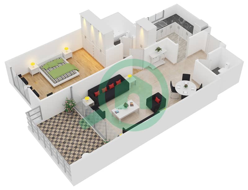 滨海风帆塔楼 - 1 卧室公寓类型F2戶型图 interactive3D