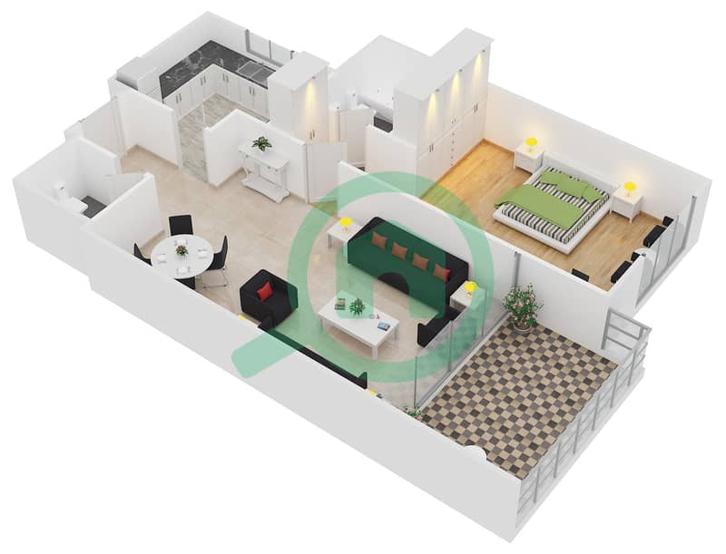 المخططات الطابقية لتصميم النموذج E3 شقة 1 غرفة نوم - مارينا سيل interactive3D