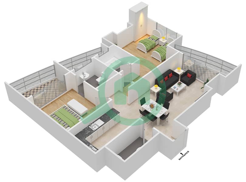 المخططات الطابقية لتصميم الوحدة 1,3,6,8 FLOOR 19-31 شقة 2 غرفة نوم - برجي interactive3D