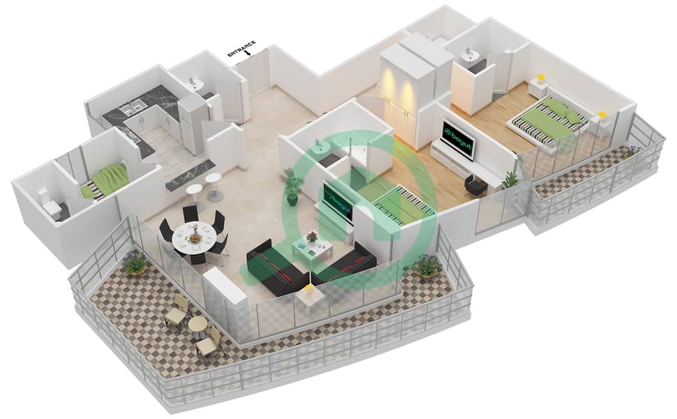 Трайдент Маринаскейп Авант Тауэр - Апартамент 2 Cпальни планировка Тип A-3 interactive3D