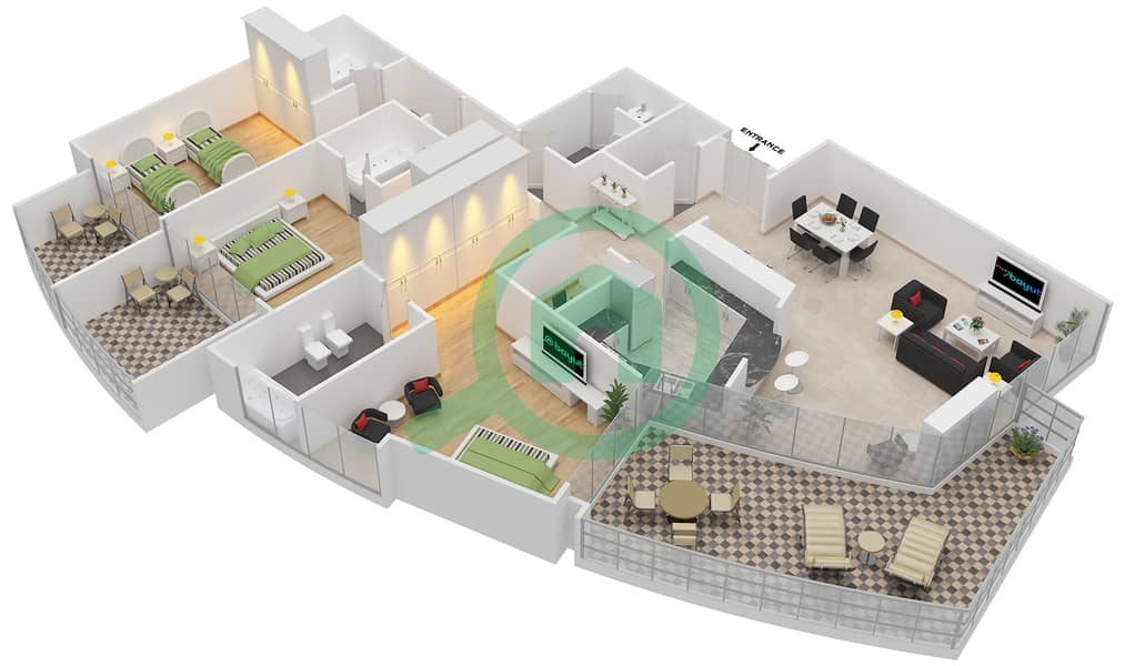 المخططات الطابقية لتصميم النموذج A-2 شقة 3 غرف نوم - ترايدنت مارينا سكيب أفانت تاور interactive3D