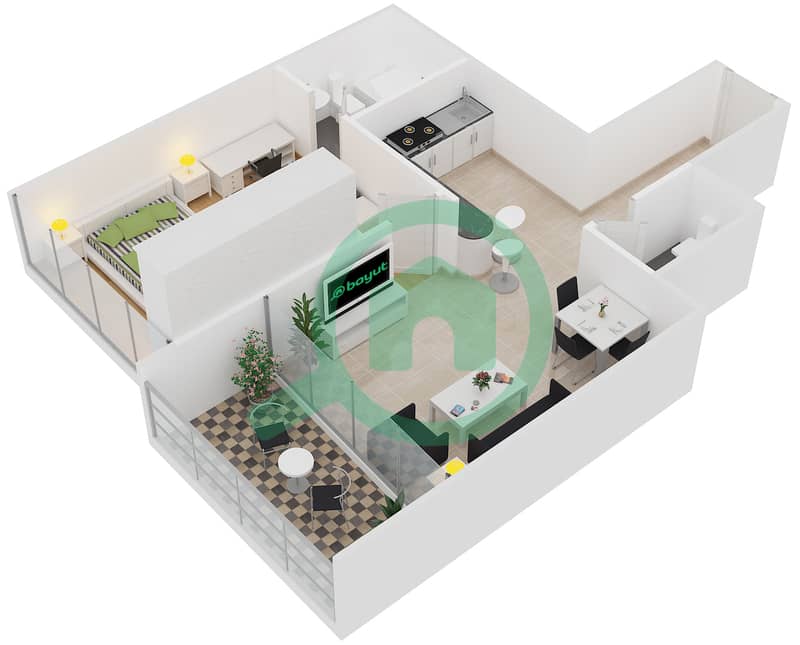 滨海景观大厦B座 - 1 卧室公寓类型CO1戶型图 interactive3D