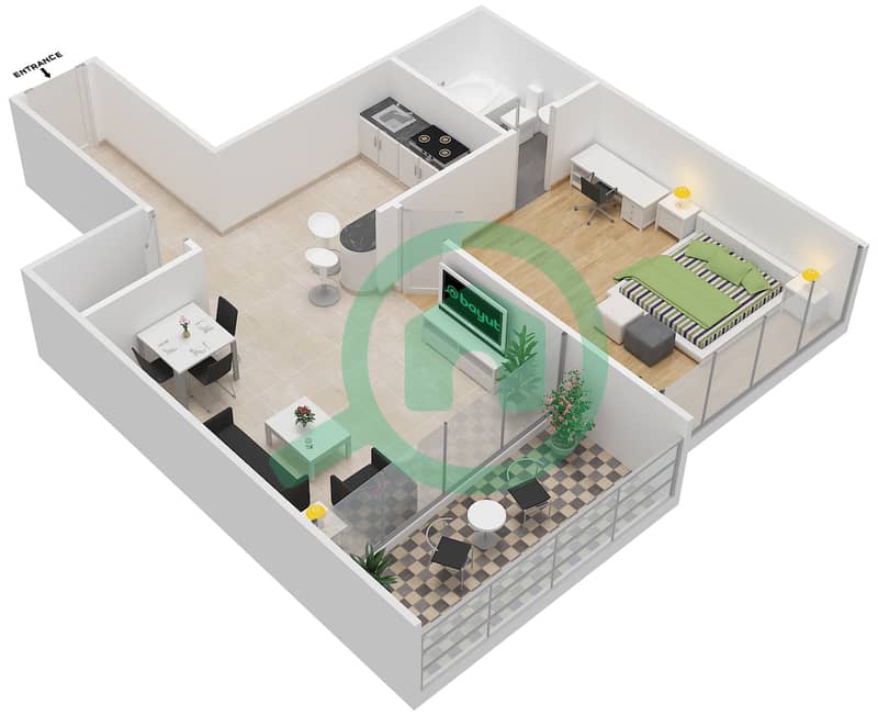 Marina View Tower A - 1 Bedroom Apartment Type CO2 Floor plan interactive3D