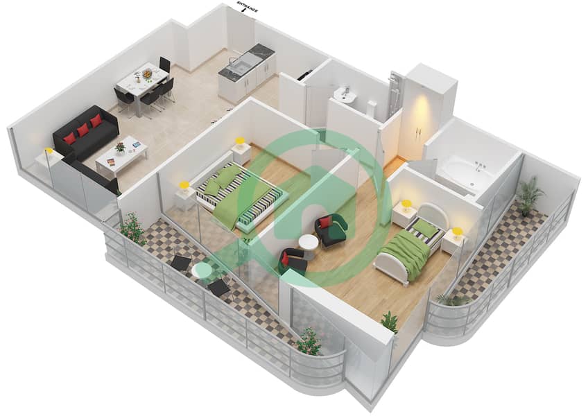 Марина Вью Тауэр А - Апартамент 2 Cпальни планировка Тип DO1 interactive3D