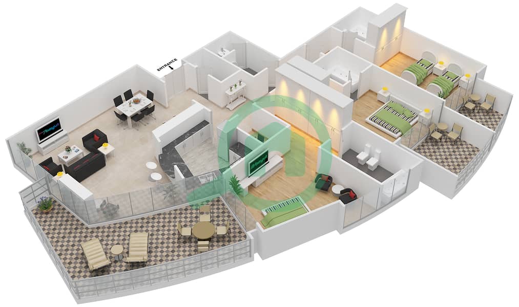 المخططات الطابقية لتصميم النموذج A-1 شقة 3 غرف نوم - ترايدنت مارينا سكيب أفانت تاور interactive3D