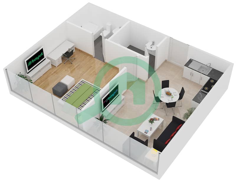 滨海景观大厦A座 - 1 卧室公寓类型CO1戶型图 interactive3D