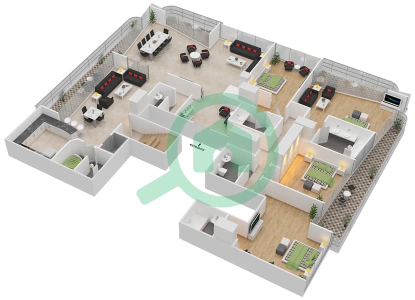 滨海景观大厦A座 - 4 卧室顶楼公寓类型PO1戶型图 interactive3D
