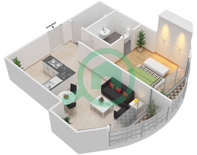 滨海码头1号公寓 - 1 卧室公寓类型A戶型图 interactive3D