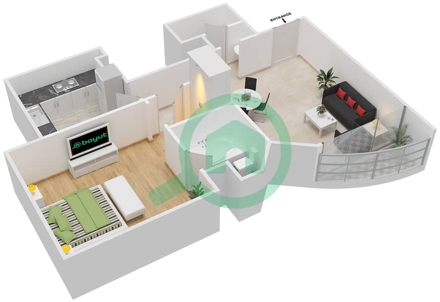 المخططات الطابقية لتصميم النموذج B شقة 1 غرفة نوم - مارینا وارف 1 interactive3D