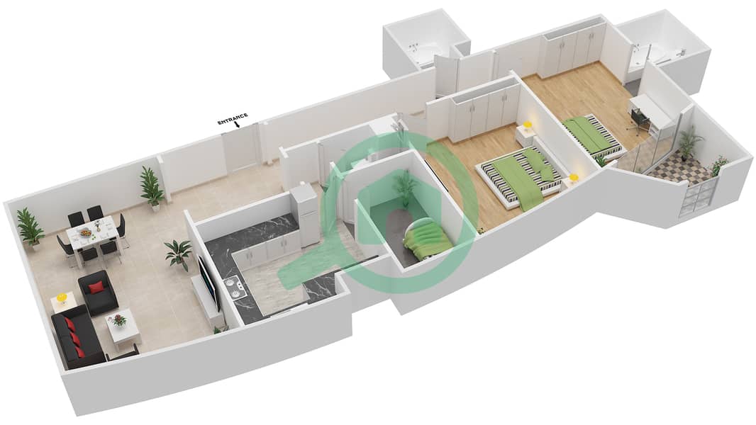 滨海码头1号公寓 - 2 卧室公寓类型D戶型图 interactive3D