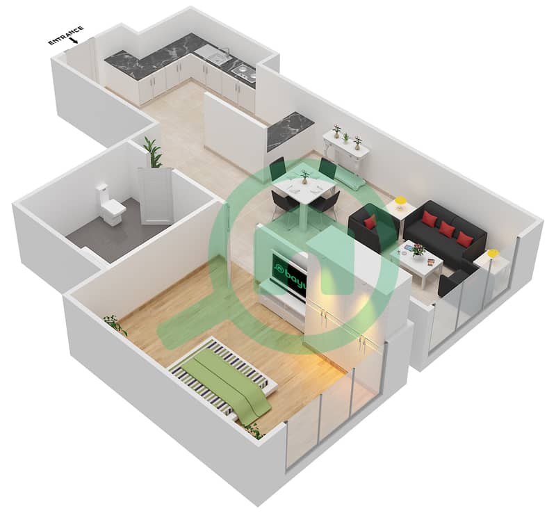 المخططات الطابقية لتصميم الوحدة 4 FLOOR 33 شقة 1 غرفة نوم - برجي interactive3D