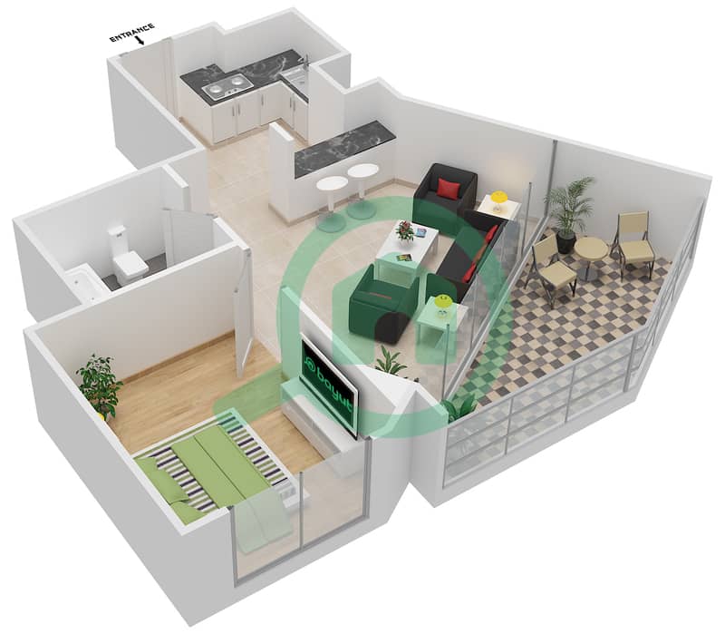 المخططات الطابقية لتصميم الوحدة 3 FLOOR 35 شقة 1 غرفة نوم - برجي interactive3D